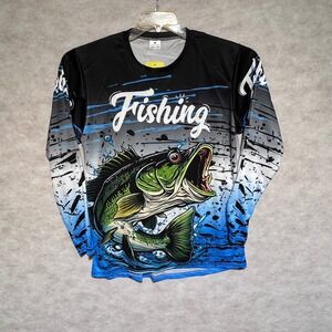 Fishing T-Shirt Long Sleeve Bass Fish Graphic Print Men's‎ Size M
